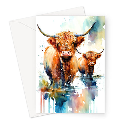 Watercolor Lovable Mother and Baby Highland Cows Greeting Card