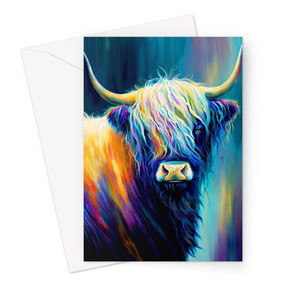 Whimsical Colourful Scottish Highland Cow Greeting Card