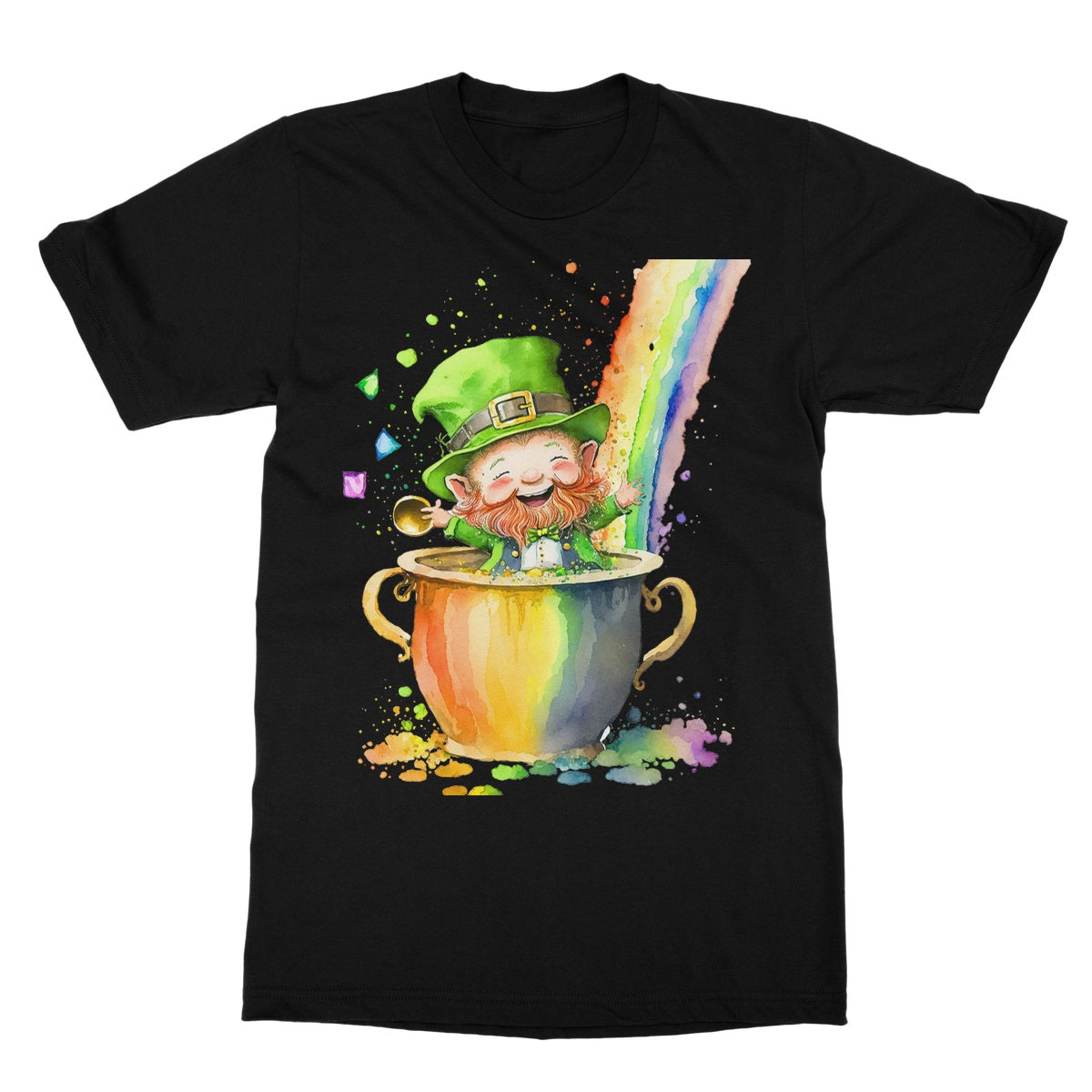 Cute Adorable Watercolor Leprechaun Pot of Gold Rainbow  Softstyle T-Shirt