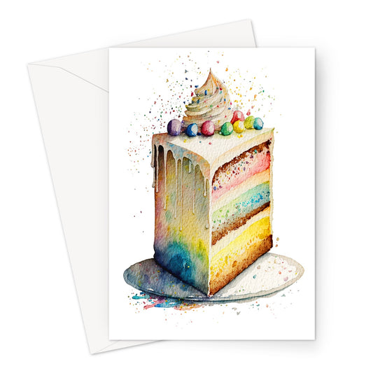 Watercolour Rainbow Birthday Cake Painting Greeting Card