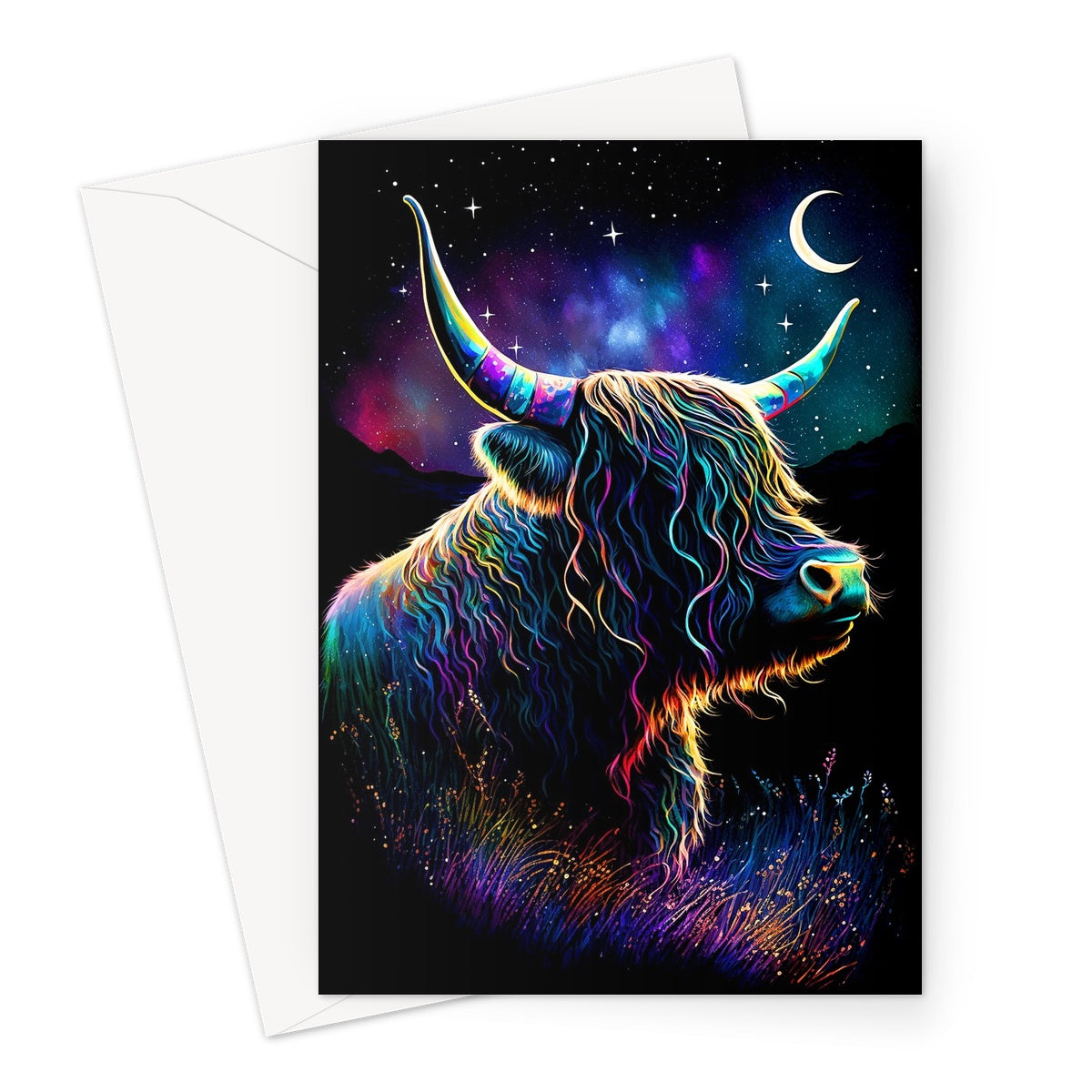 Whimsical Iridescent Mystical Highland Cow Moon Stars Aurora Borealis Greeting Card