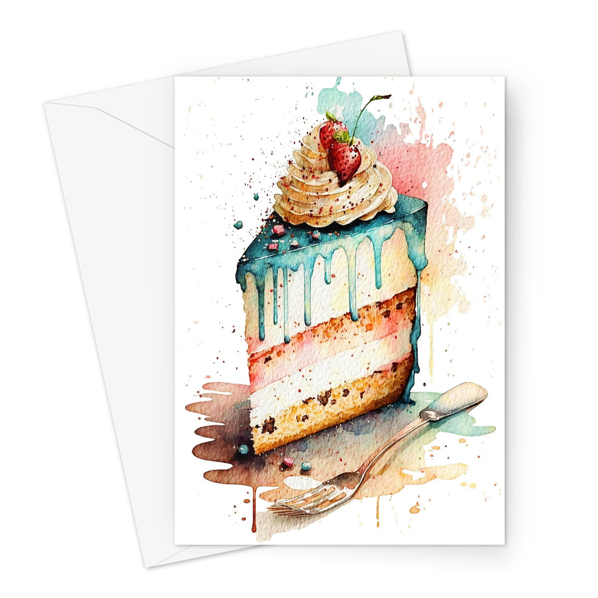 Watercolour Strawberry Birthday Cake Painting Greeting Card