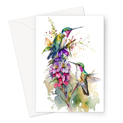 Watercolour Majestic Delightful Hummingbirds and Flowers Painting Greeting Card