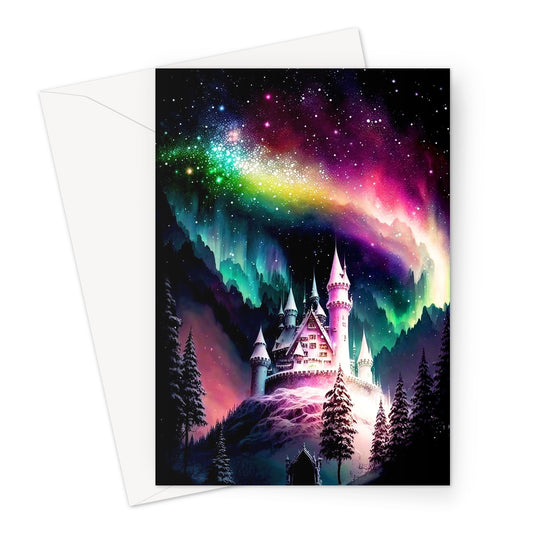 Iridescent Aurora Borealis Over An Enchanted Castle Greeting Card