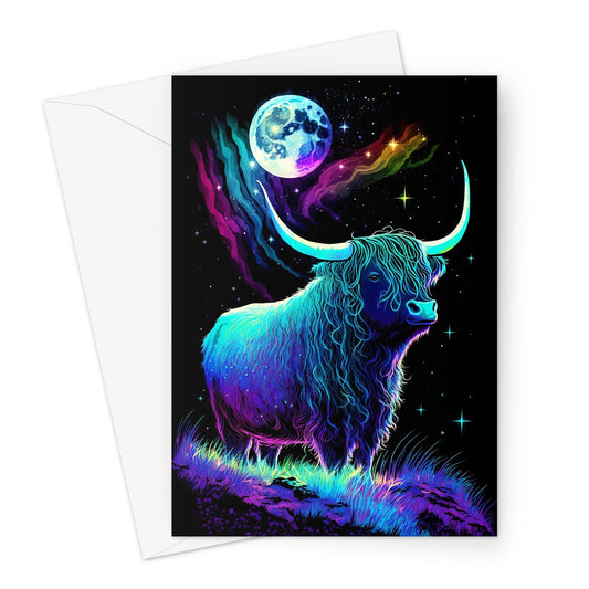 Whimsical Iridescent Dazzling Highland Cow Moon Stars Greeting Card