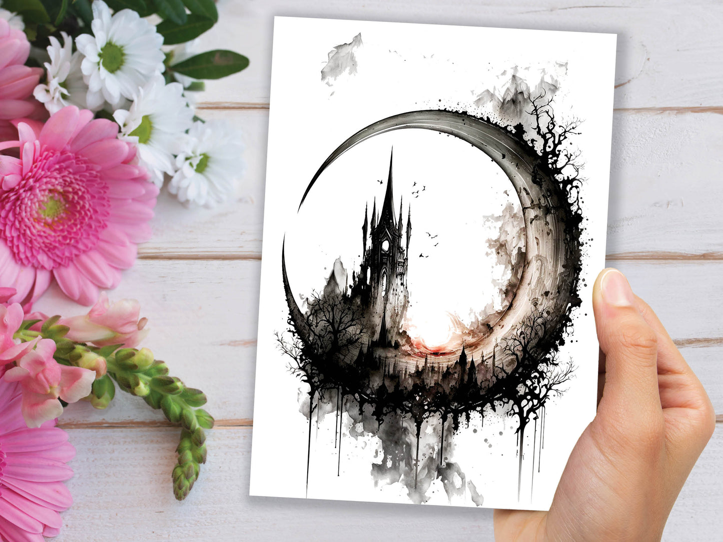 Dark Gothic Ink and New Full Moon Greeting Card