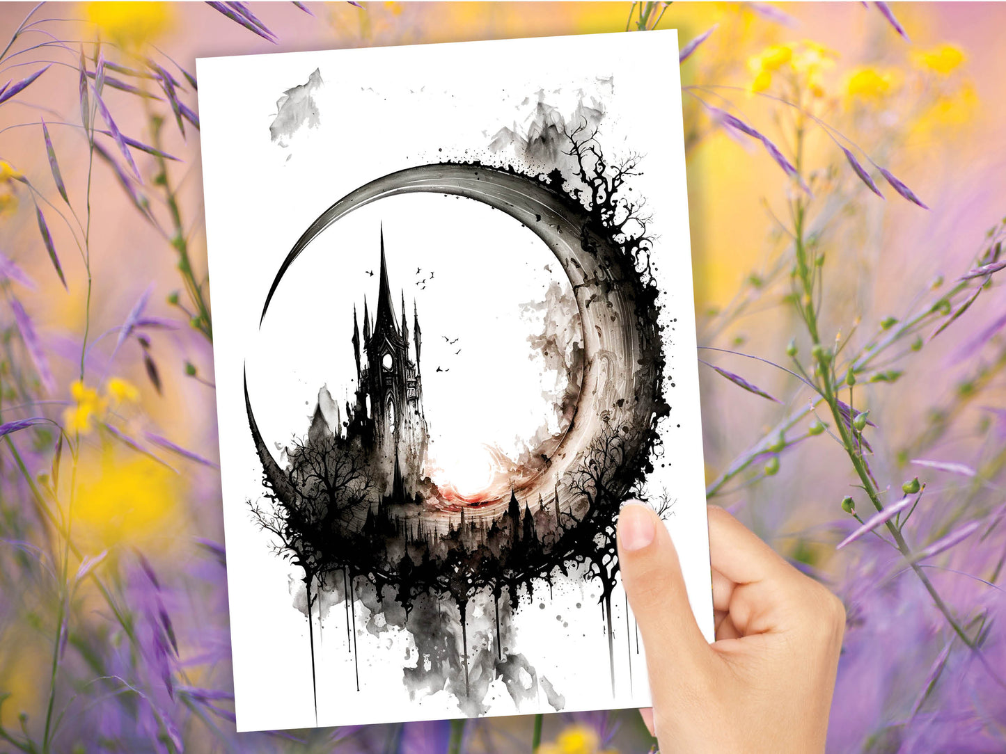 Dark Gothic Ink and New Full Moon Greeting Card