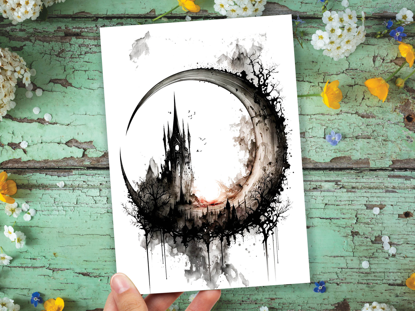 Dark Gothic Ink and New Full Moon Greeting Card