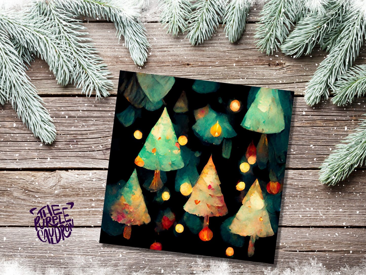 Abstract Christmas Card with Trees and Fairy Lights Magical Pattern Pretty Unique Whimsical Dark Green Greetings Family Friends Xmas 2023