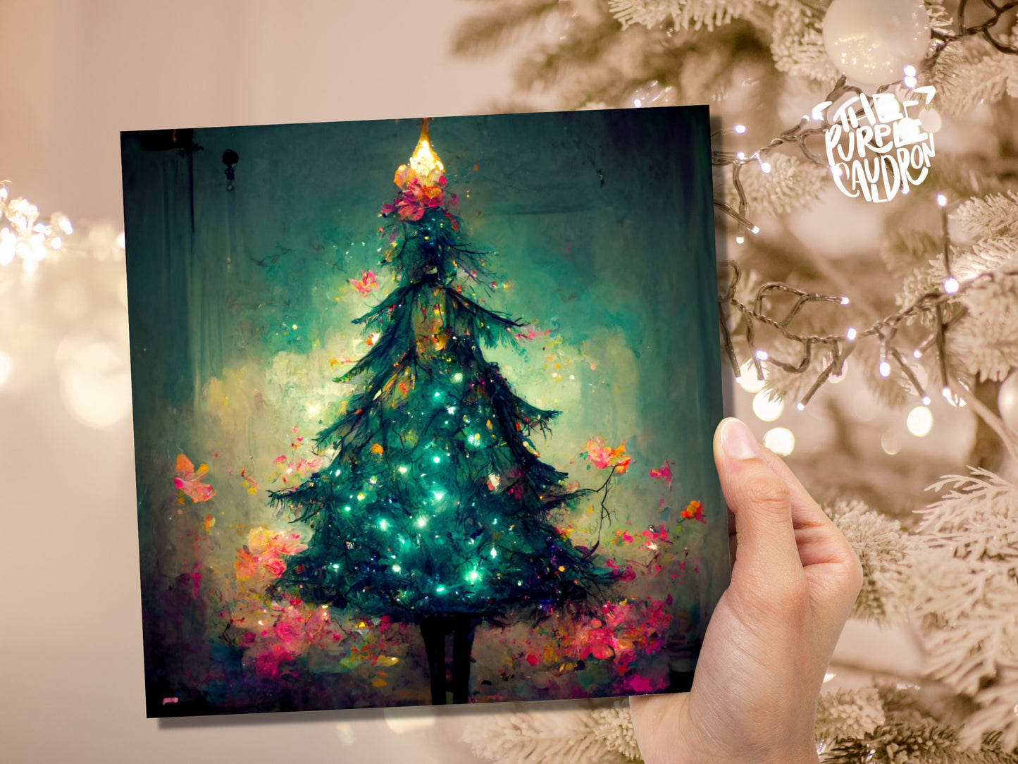 Pretty Christmas Card with Magical Tree and Fairy Lights Painting Unique Whimsical Teal Green Pink Greetings For Family Friends Xmas 2023