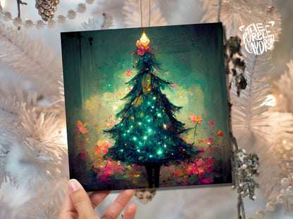 Pretty Christmas Card with Magical Tree and Fairy Lights Painting Unique Whimsical Teal Green Pink Greetings For Family Friends Xmas 2023