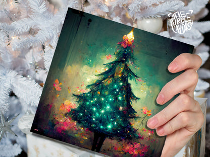 Pretty Christmas Card with Magical Tree and Fairy Lights Painting Unique Whimsical Teal Green Pink Greetings For Family Friends Xmas 2023