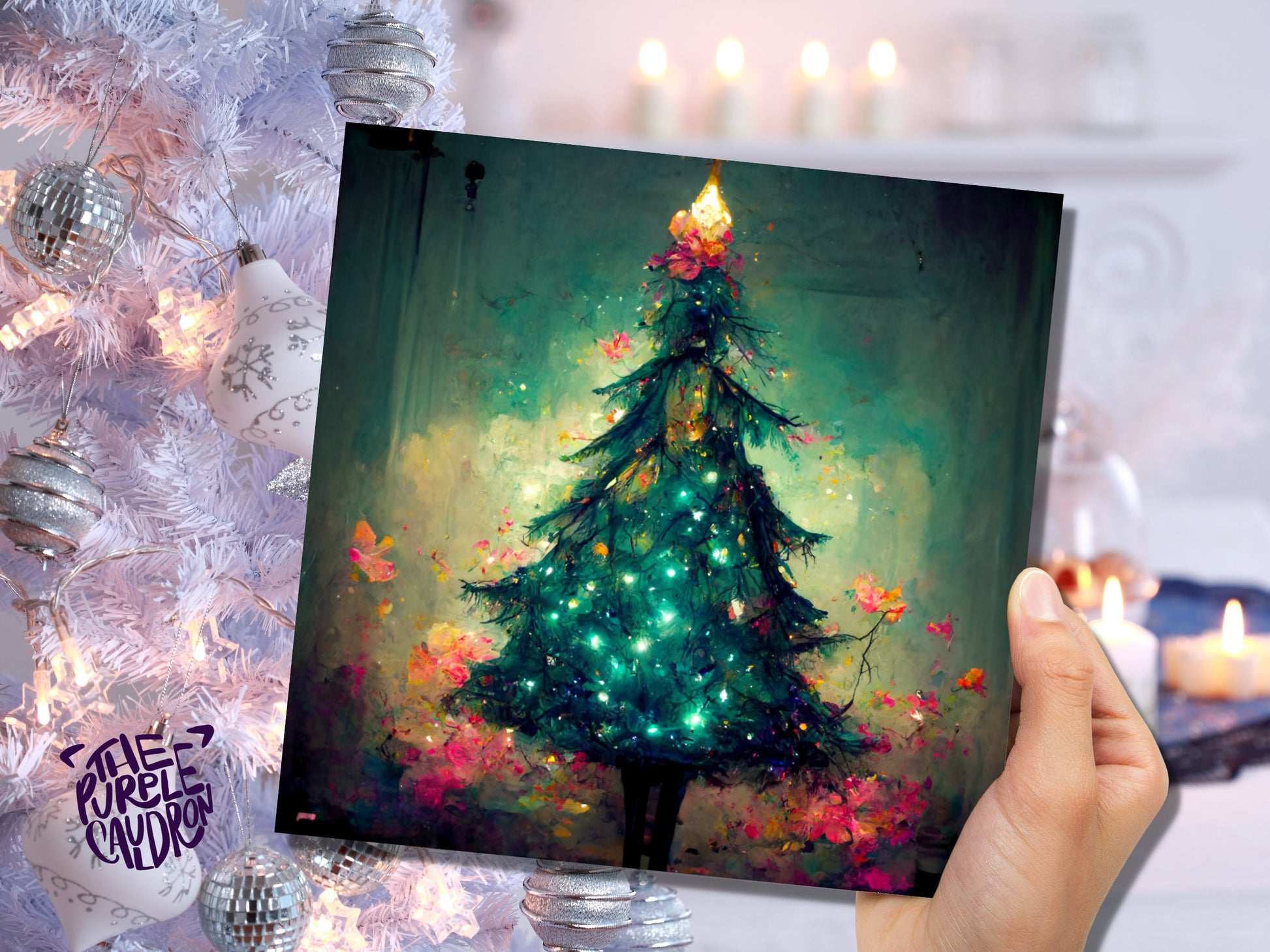 Pretty Christmas Card with Magical Tree and Fairy Lights Painting Unique Whimsical Teal Green Pink Greetings For Family Friends Xmas 2023