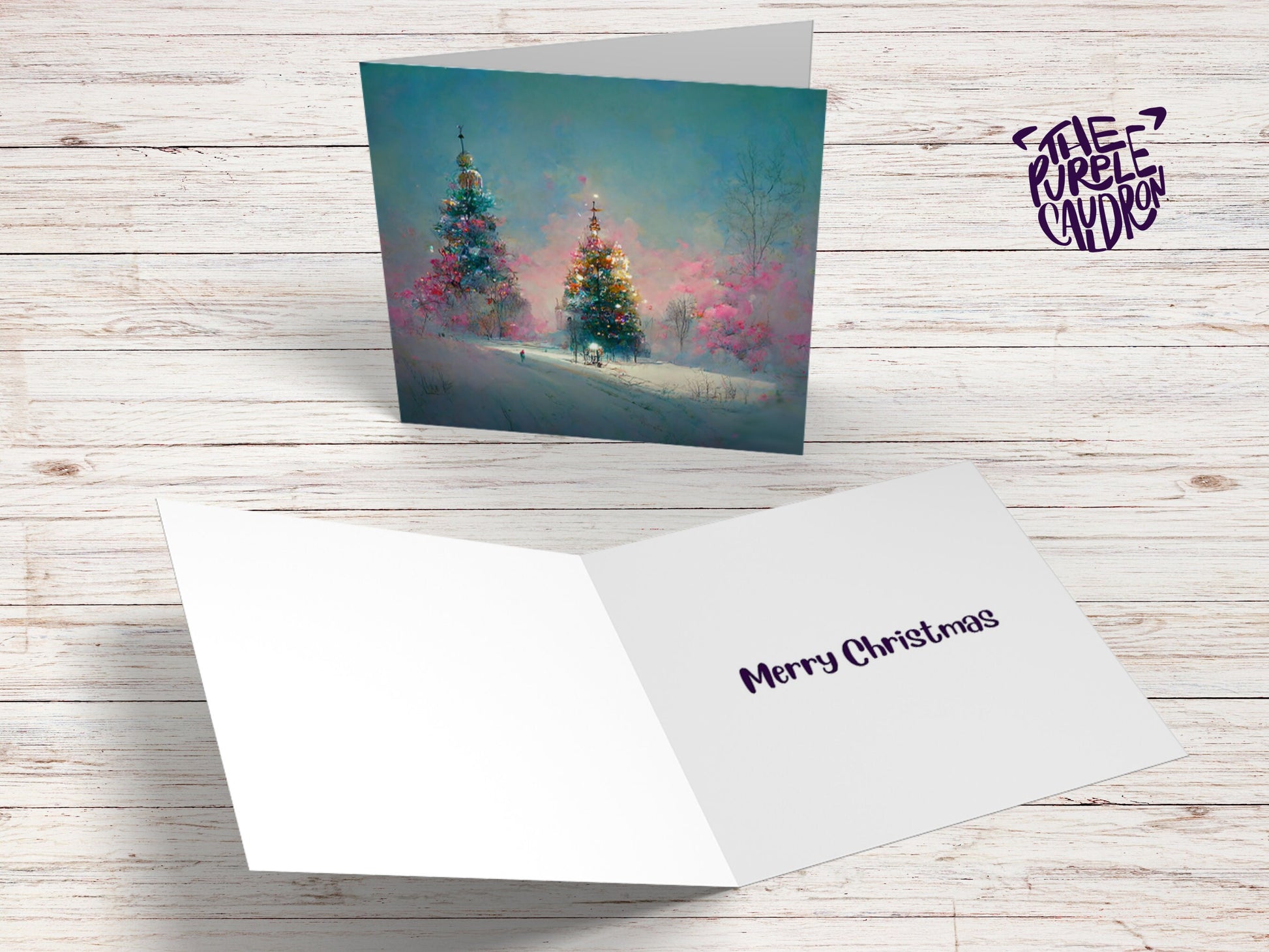 Pastel Christmas Card Pretty Snow Scene in Shades of Pink and Blue with Christmas Trees Impressionist Greetings Family Friends Xmas 2023