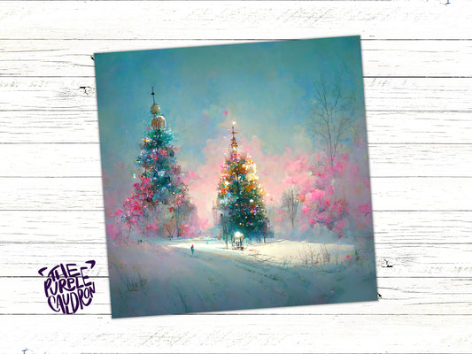Pastel Christmas Card Pretty Snow Scene in Shades of Pink and Blue with Christmas Trees Impressionist Greetings Family Friends Xmas 2023