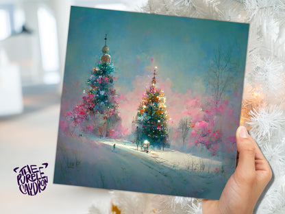 Pastel Christmas Card Pretty Snow Scene in Shades of Pink and Blue with Christmas Trees Impressionist Greetings Family Friends Xmas 2023