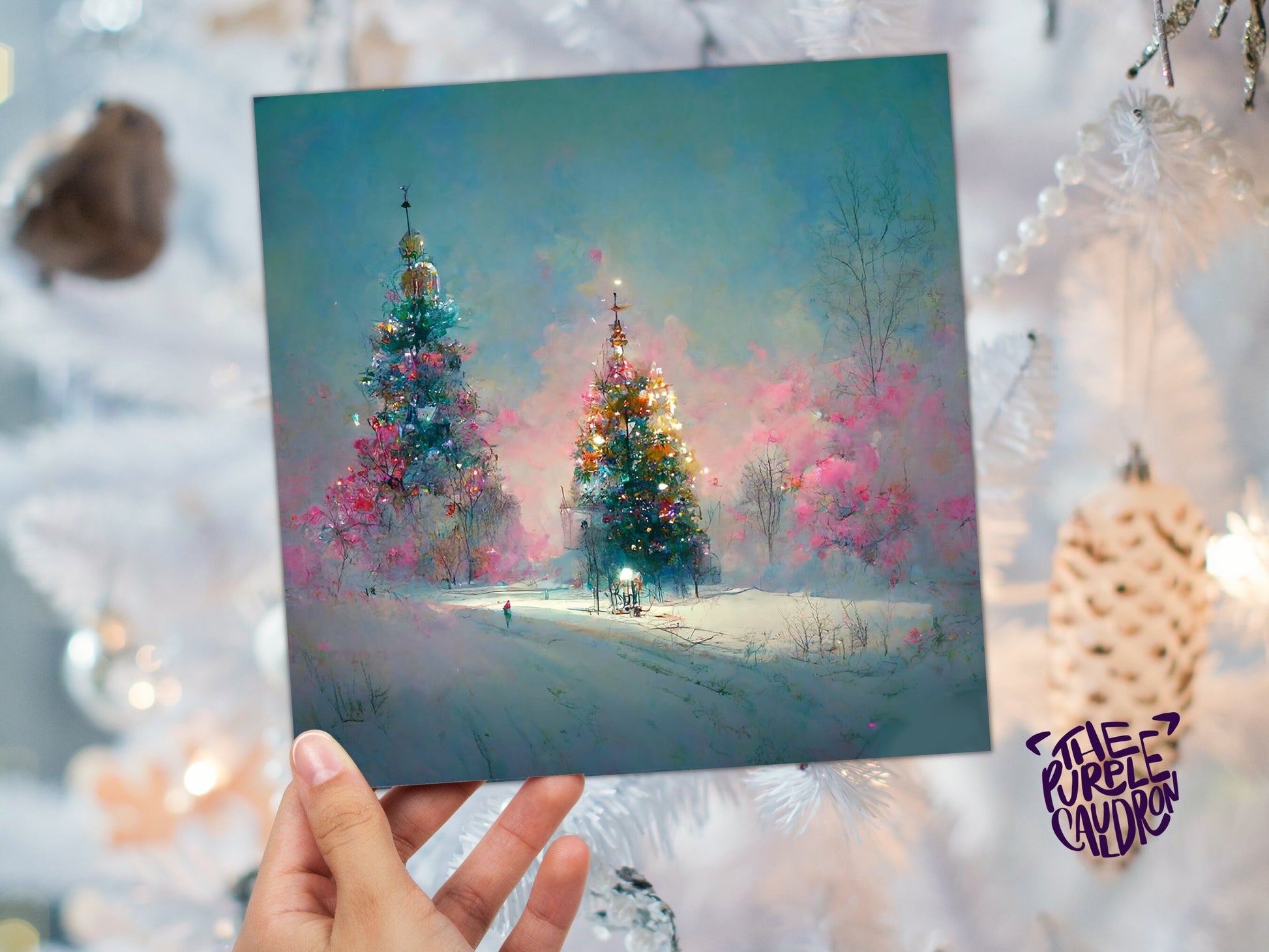 Pastel Christmas Card Pretty Snow Scene in Shades of Pink and Blue with Christmas Trees Impressionist Greetings Family Friends Xmas 2023