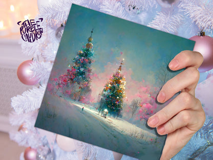 Pastel Christmas Card Pretty Snow Scene in Shades of Pink and Blue with Christmas Trees Impressionist Greetings Family Friends Xmas 2023