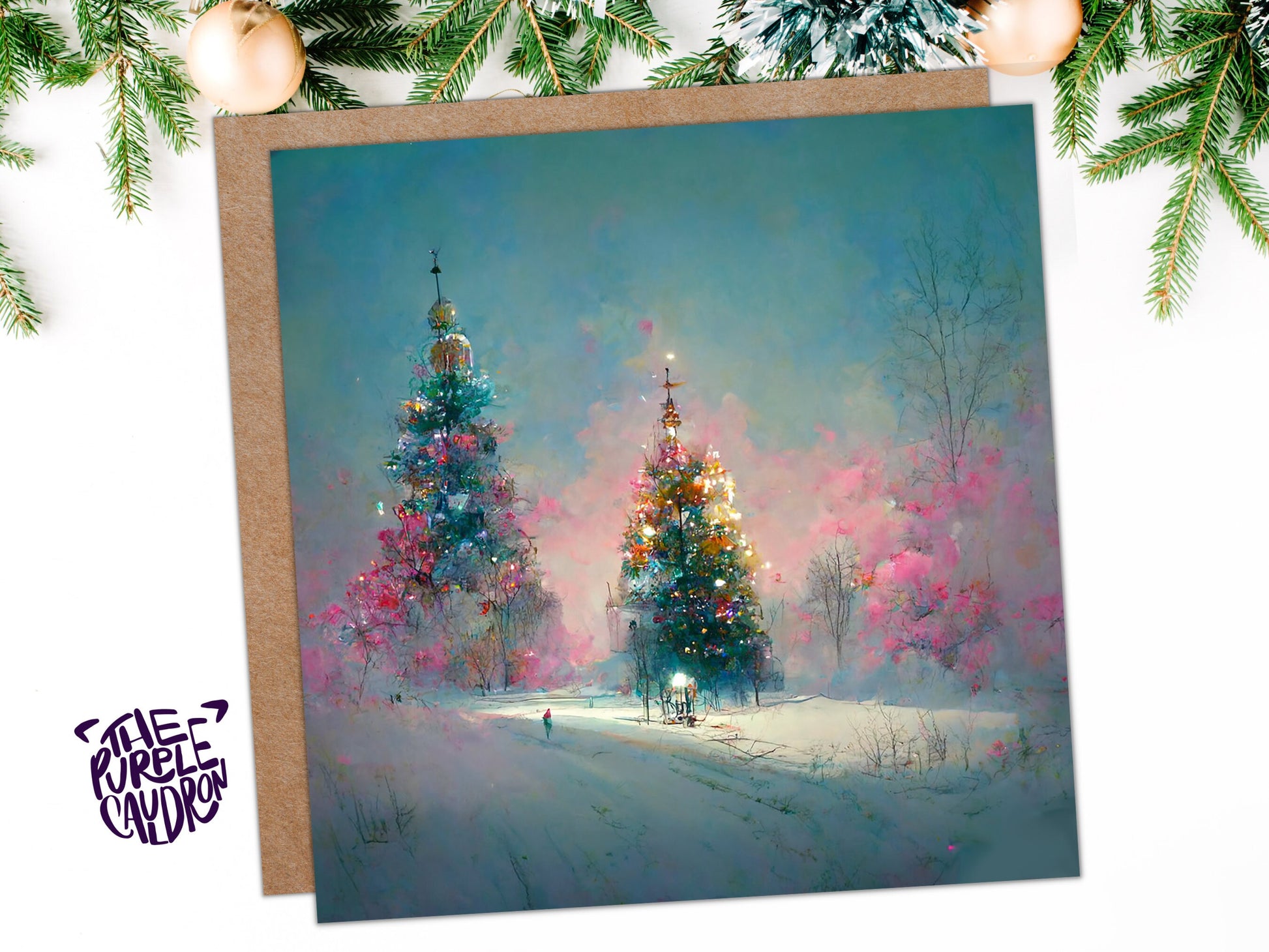 Pastel Christmas Card Pretty Snow Scene in Shades of Pink and Blue with Christmas Trees Impressionist Greetings Family Friends Xmas 2023