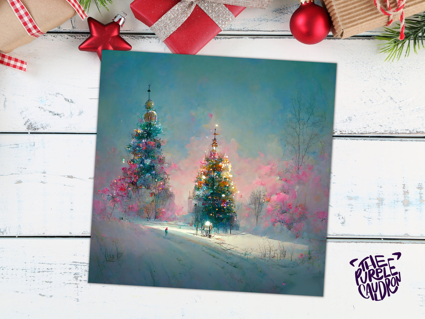 Pastel Christmas Card Pretty Snow Scene in Shades of Pink and Blue with Christmas Trees Impressionist Greetings Family Friends Xmas 2023