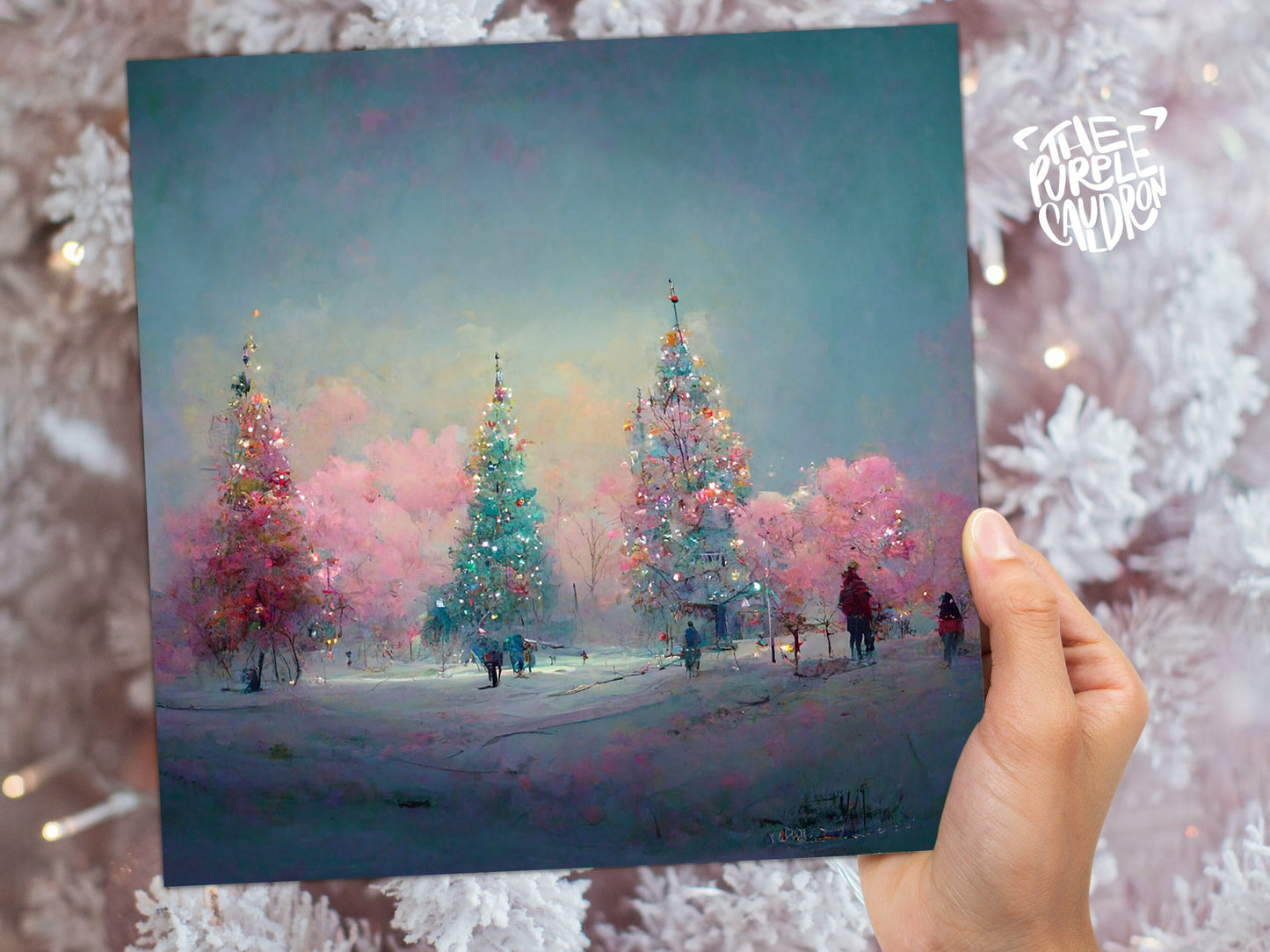 Pastel Christmas Trees Card Whimsical Snow Scene in Shades of Pink & Blue 1, 5, or 10 Pack Impressionist Greetings Family Friends Xmas 2023