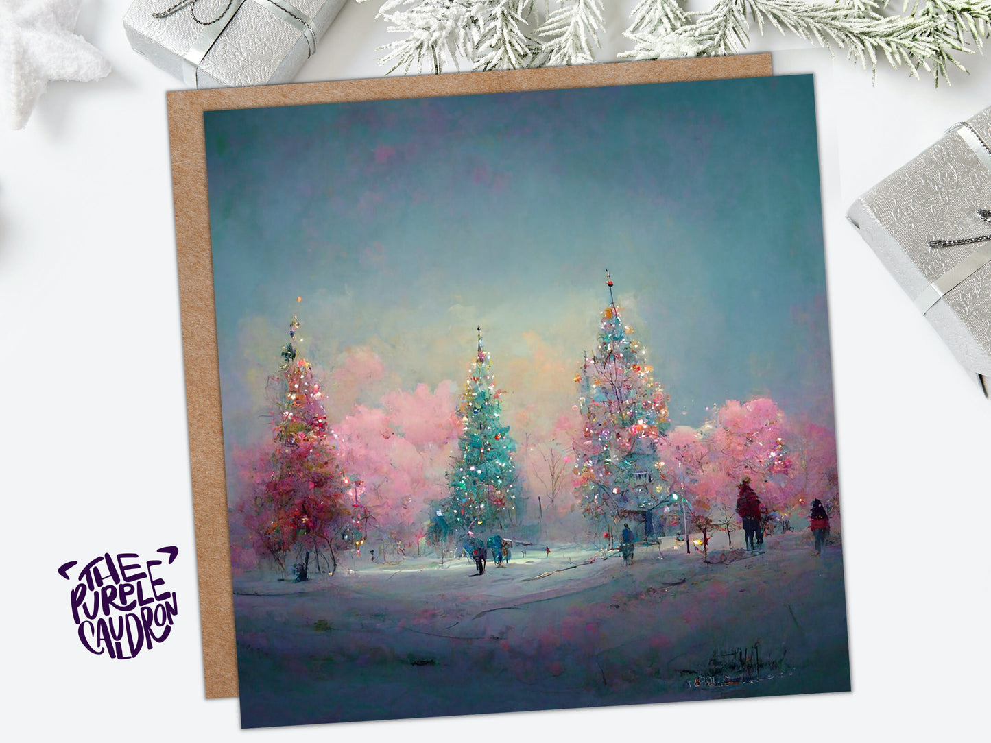 Pastel Christmas Trees Card Whimsical Snow Scene in Shades of Pink & Blue 1, 5, or 10 Pack Impressionist Greetings Family Friends Xmas 2023