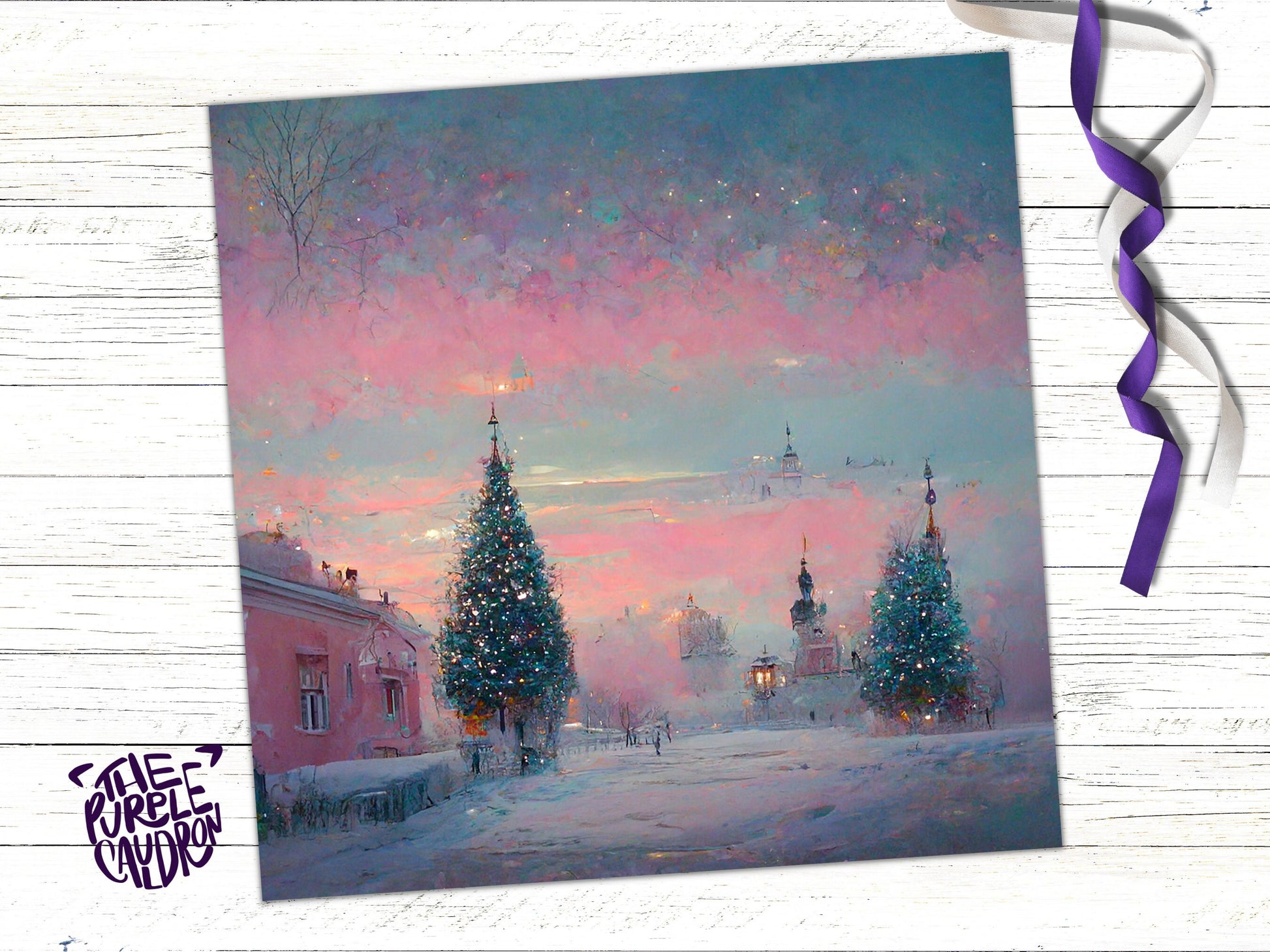 Pastel Christmas Card Soft Whimsical Impressionist Snow Scene in Shades of Pink & Blue 1, 5, or 10 Pack Greetings Family Friends Xmas 2023