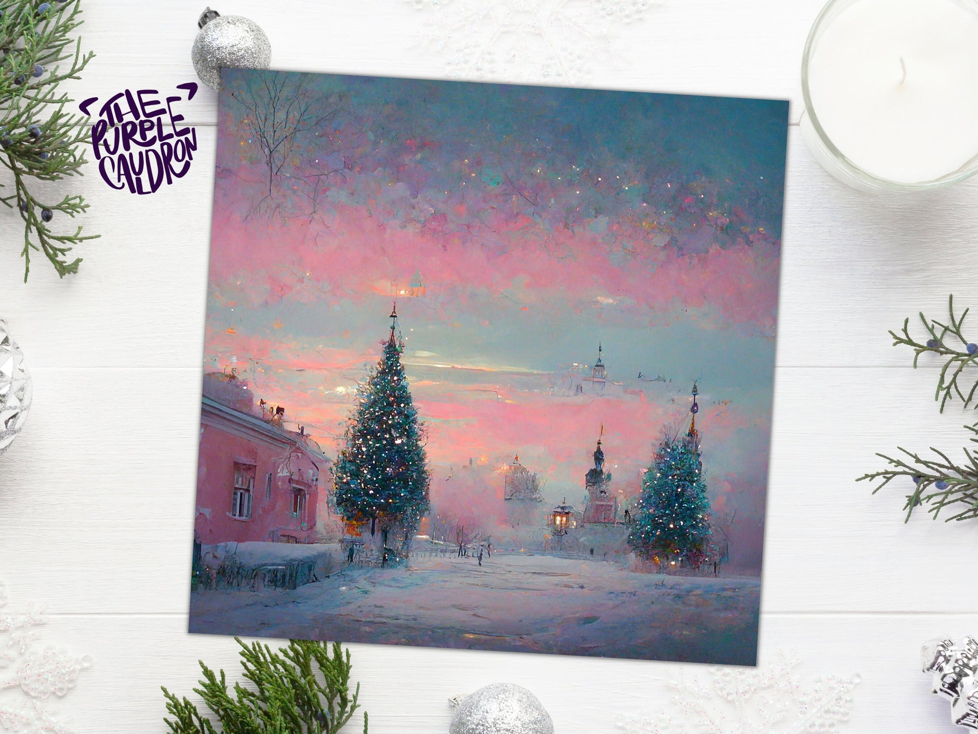 Pastel Christmas Card Soft Whimsical Impressionist Snow Scene in Shades of Pink & Blue 1, 5, or 10 Pack Greetings Family Friends Xmas 2023