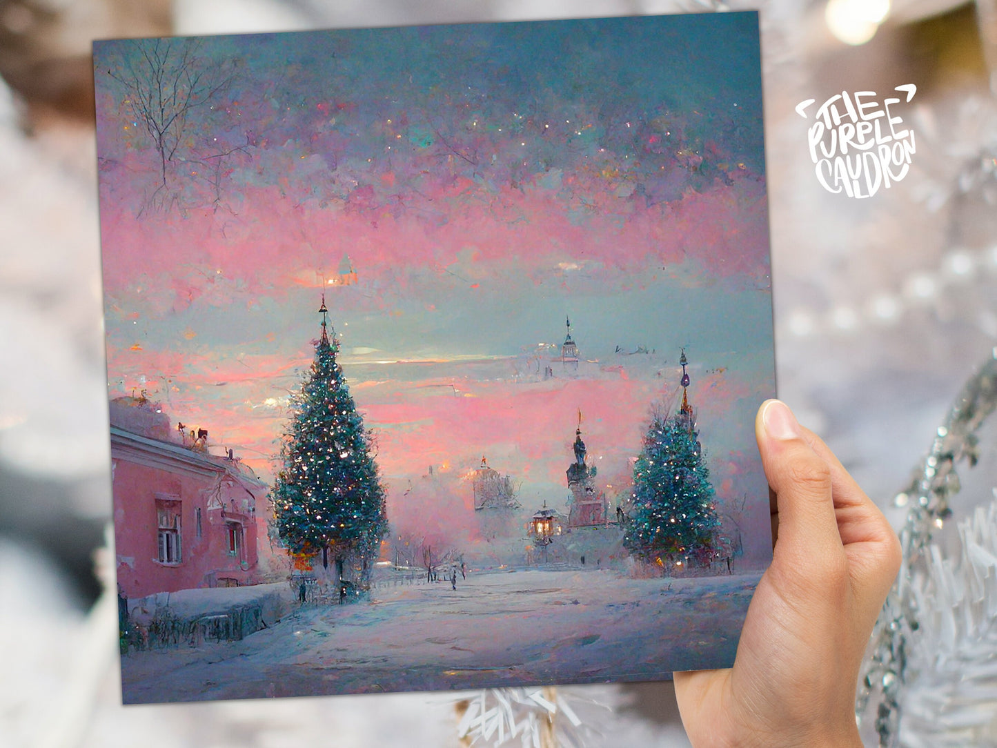 Pastel Christmas Card Soft Whimsical Impressionist Snow Scene in Shades of Pink & Blue 1, 5, or 10 Pack Greetings Family Friends Xmas 2023