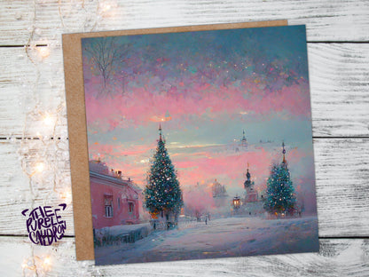 Pastel Christmas Card Soft Whimsical Impressionist Snow Scene in Shades of Pink & Blue 1, 5, or 10 Pack Greetings Family Friends Xmas 2023