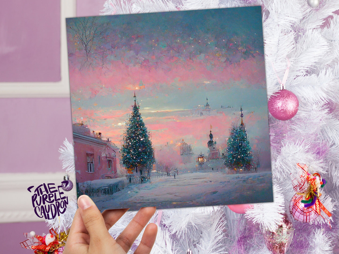 Pastel Christmas Card Soft Whimsical Impressionist Snow Scene in Shades of Pink & Blue 1, 5, or 10 Pack Greetings Family Friends Xmas 2023