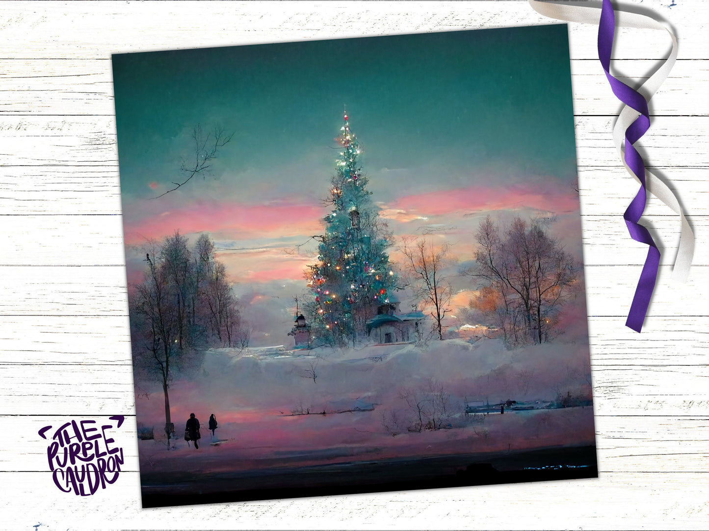 Pastel Christmas Card Whimsical Impressionist Winter Snow Scene Shades of Pink, Teal, & Purple 1, 5, or 10 Pack Greetings Friends Xmas 2023