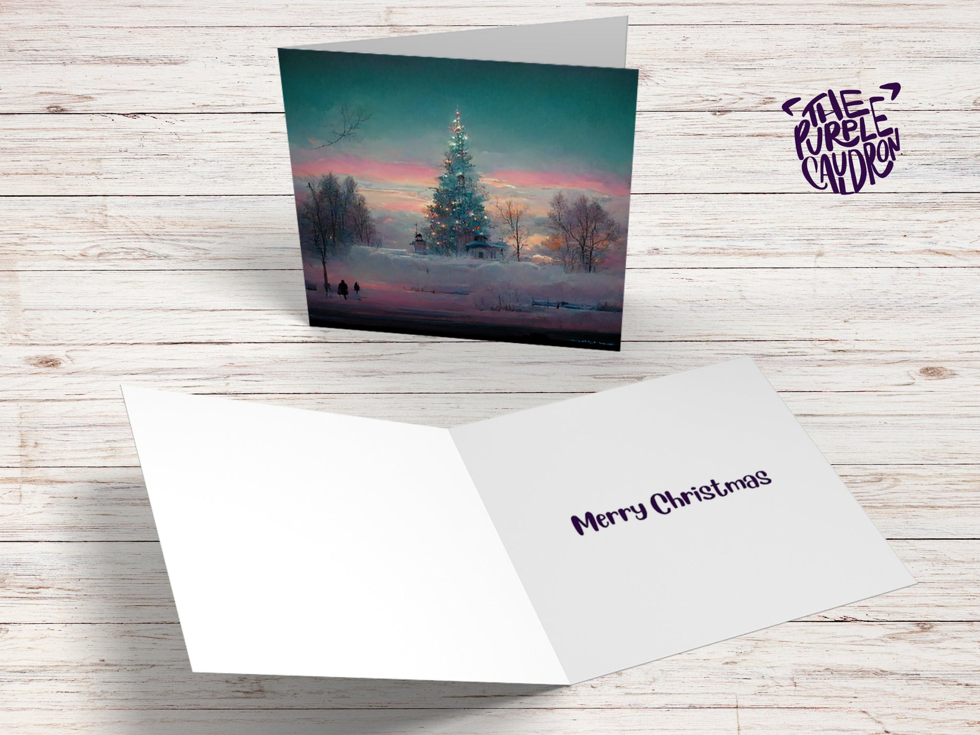 Pastel Christmas Card Whimsical Impressionist Winter Snow Scene Shades of Pink, Teal, & Purple 1, 5, or 10 Pack Greetings Friends Xmas 2023