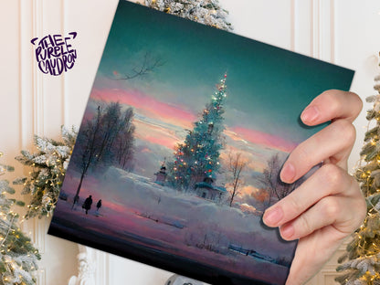 Pastel Christmas Card Whimsical Impressionist Winter Snow Scene Shades of Pink, Teal, & Purple 1, 5, or 10 Pack Greetings Friends Xmas 2023