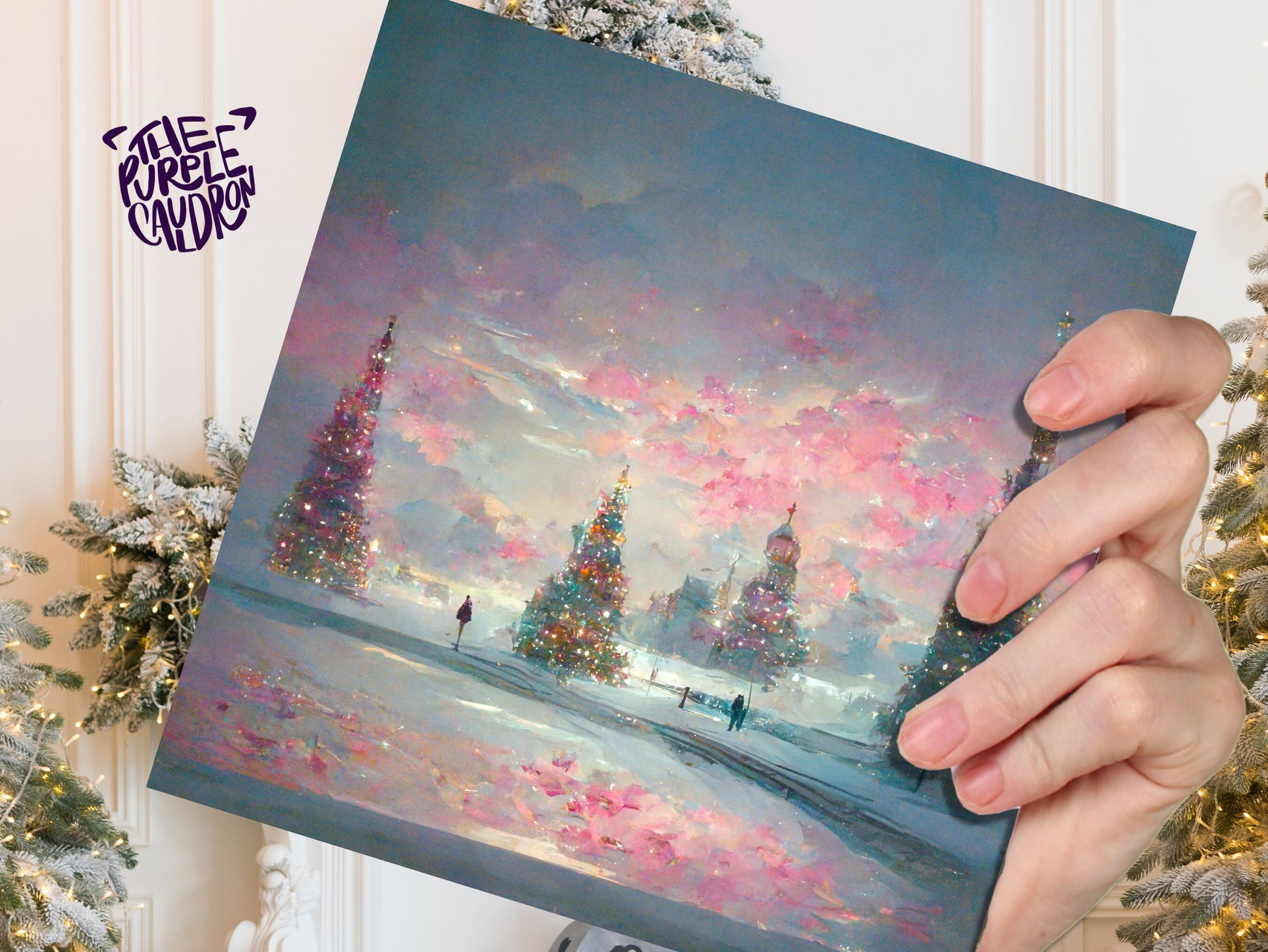 Pastel Christmas Card Winter Scene Impressionist Landscape Snow Shades of Pink, Teal, & Purple 1, 5, or 10 Pack Greetings Friends Xmas 2023