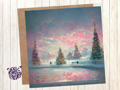 Pastel Christmas Card Winter Scene Impressionist Landscape Snow Shades of Pink, Teal, & Purple 1, 5, or 10 Pack Greetings Friends Xmas 2023