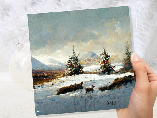 Winter Scene Landscape Card with Snowy Deer Scotland Snow Painting Unique Traditional Greetings Cards For Family Friends Birthdays Thank You