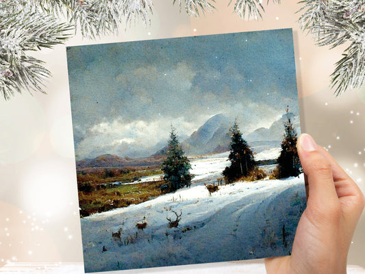 Winter Scenery Card with Snowy Scotland Landscape Unique Deer Snow Painting Traditional Greetings Cards Family Friends Birthdays Thank You