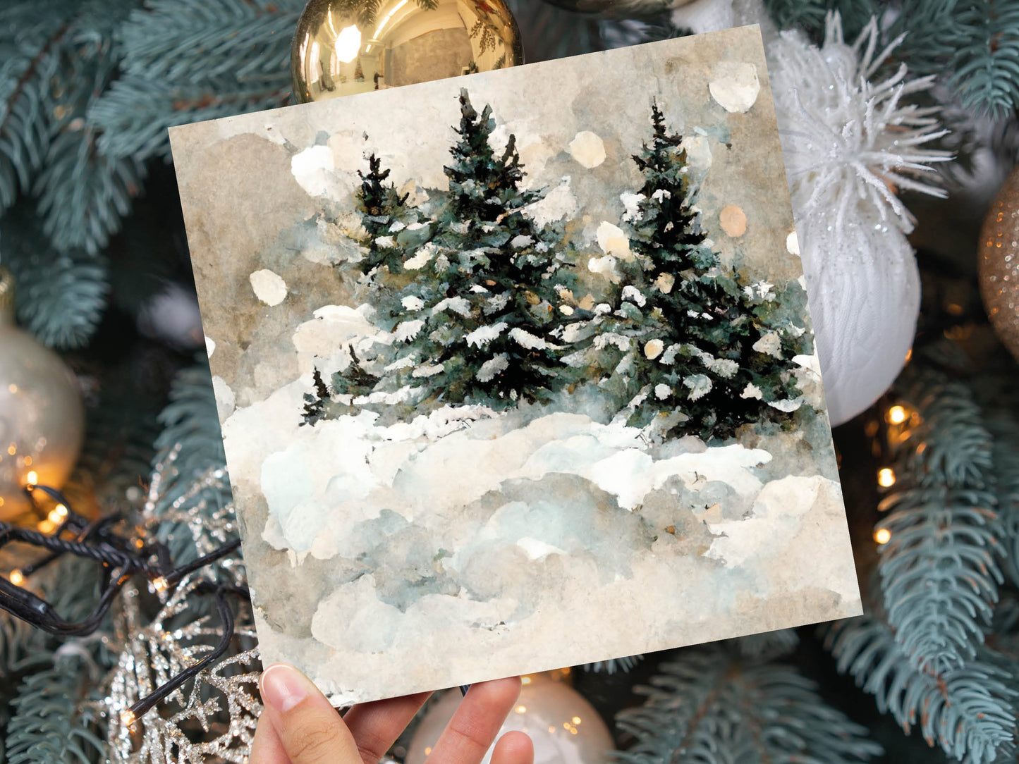 White Christmas Card Snow Scene Snowy Trees Winter Landscape Festive Watercolour Painting Greetings Family Friends Xmas 2023 1, 5, 10 Pack