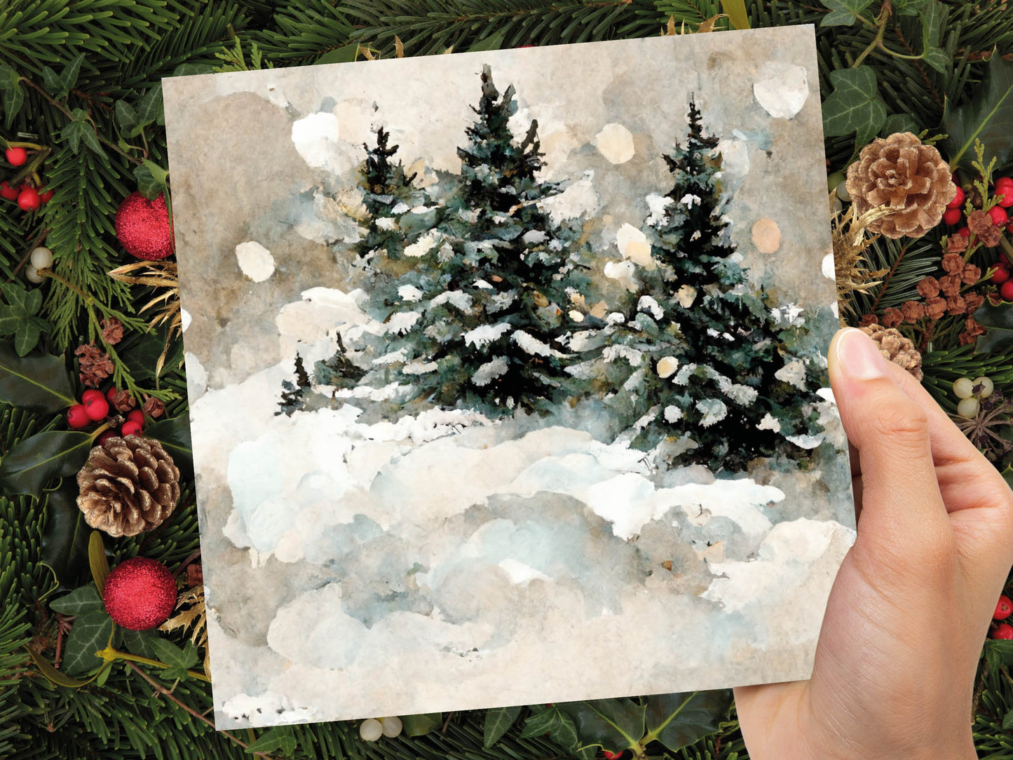 White Christmas Card Snow Scene Snowy Trees Winter Landscape Festive Watercolour Painting Greetings Family Friends Xmas 2023 1, 5, 10 Pack