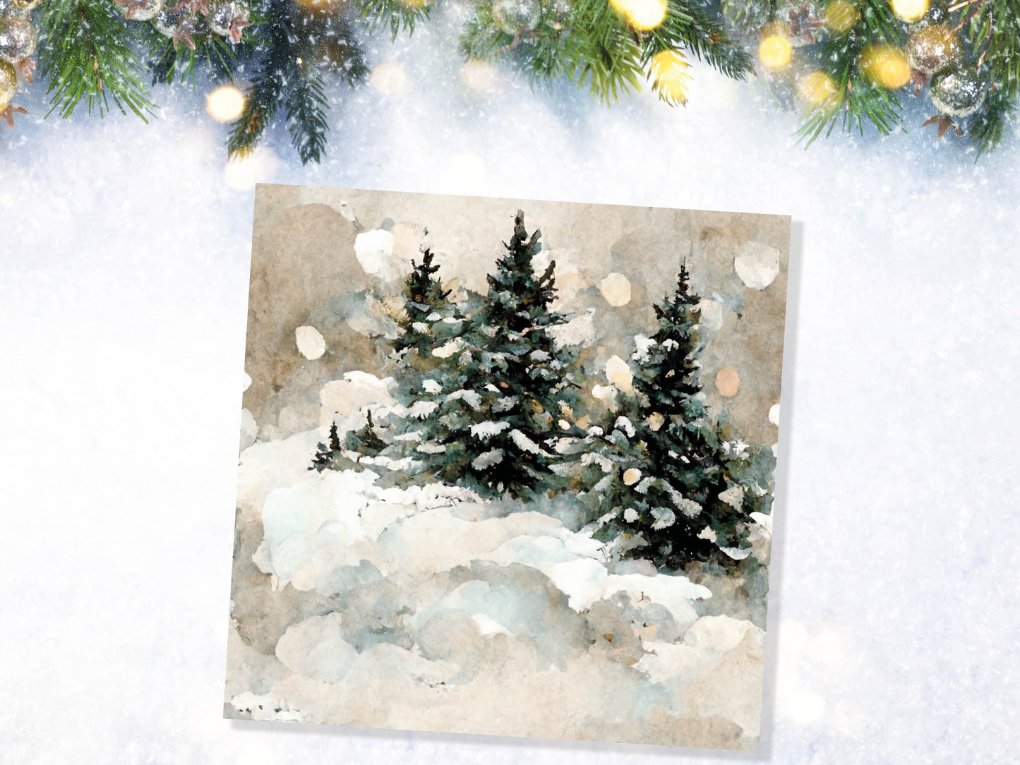 White Christmas Card Snow Scene Snowy Trees Winter Landscape Festive Watercolour Painting Greetings Family Friends Xmas 2023 1, 5, 10 Pack