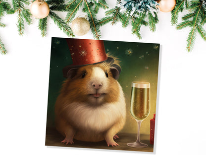 Funny Guinea Pig Christmas Card Drinking Champagne Flute Xmas Party Humour Unique Greetings For Family Friends Xmas 2023 1 or 10 Pack Set