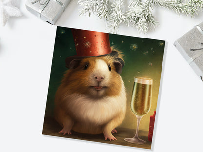 Funny Guinea Pig Christmas Card Drinking Champagne Flute Xmas Party Humour Unique Greetings For Family Friends Xmas 2023 1 or 10 Pack Set