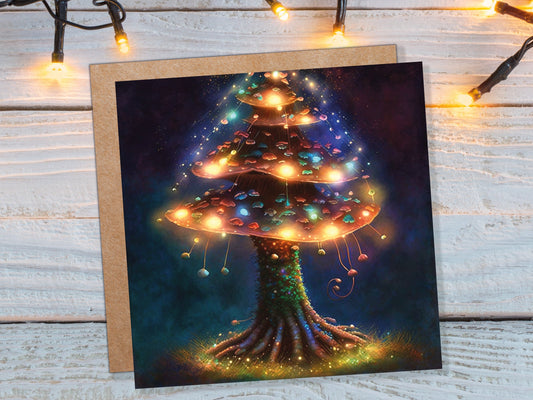 Mushroom Tree Card with Warm Fairy Lights Glowing Jewels Painting Unique Magical Whimsical Fairytale For Family Friends Birthday Thank You