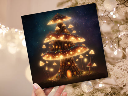 Fairycore Mushroom House Tree Card with Warm Lights Magical Glowing Golden Unique Whimsical Fairytale For Family Friends Birthdays Thank You