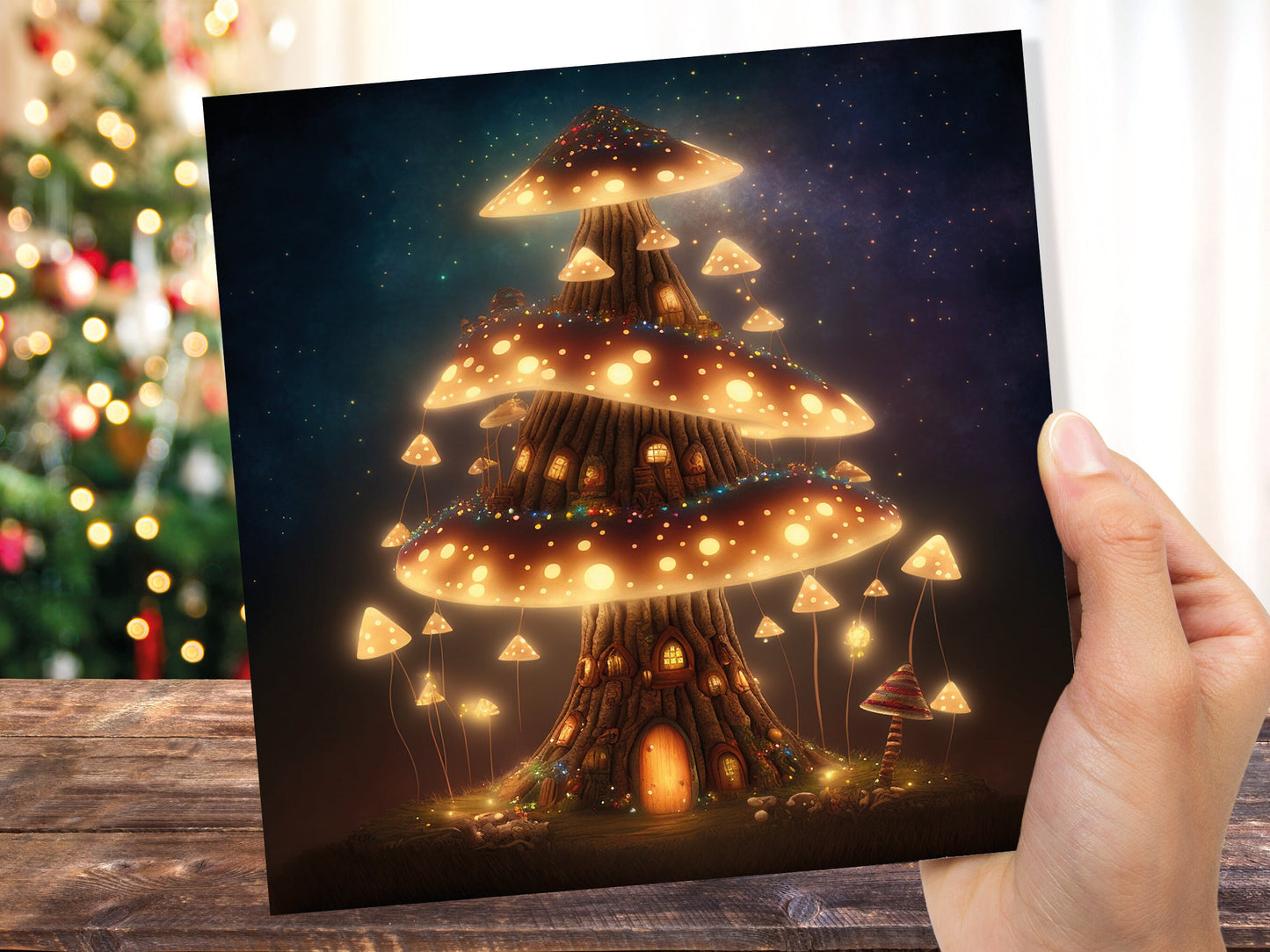 Fairycore Mushroom House Tree Card with Warm Lights Magical Glowing Golden Unique Whimsical Fairytale For Family Friends Birthdays Thank You