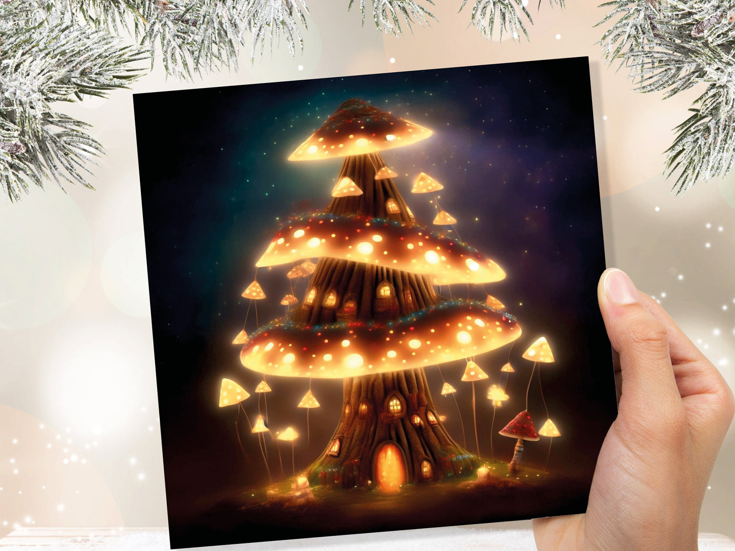 Fairycore Mushroom House Tree Card with Warm Lights Magical Glowing Golden Unique Whimsical Fairytale For Family Friends Birthdays Thank You