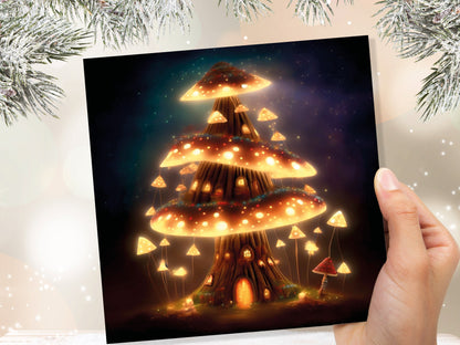 Fairycore Mushroom House Tree Card with Warm Lights Magical Glowing Golden Unique Whimsical Fairytale For Family Friends Birthdays Thank You