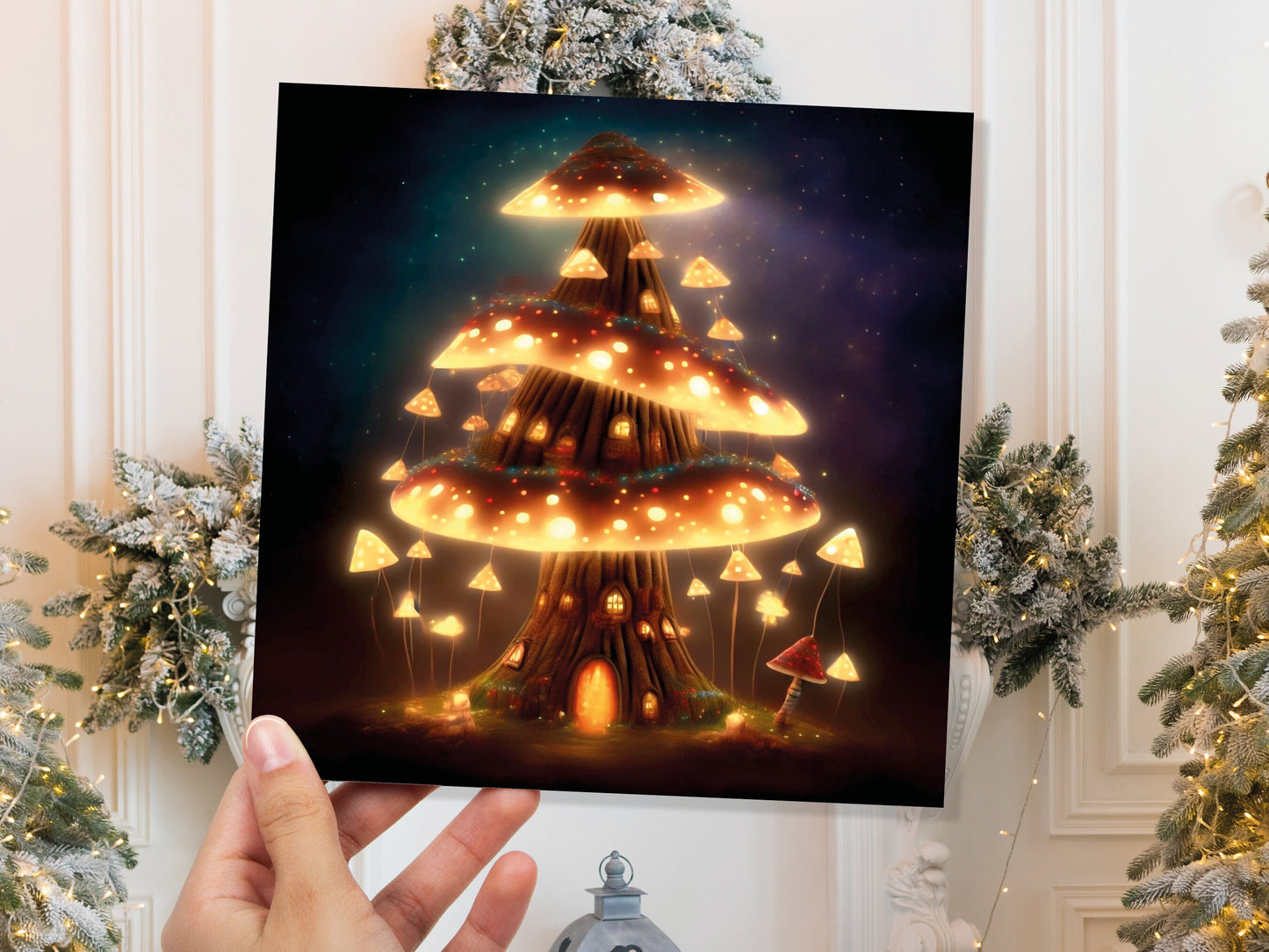 Fairycore Mushroom House Tree Card with Warm Lights Magical Glowing Golden Unique Whimsical Fairytale For Family Friends Birthdays Thank You