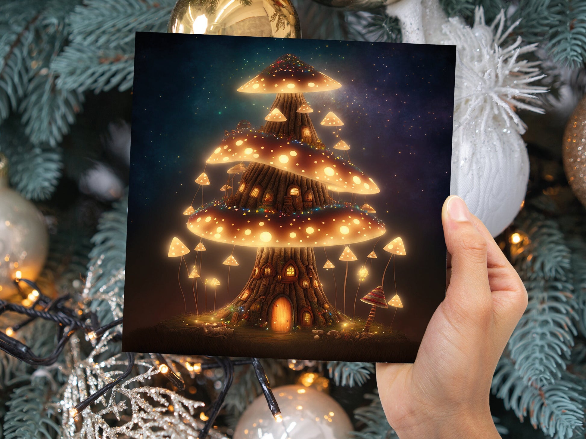 Fairycore Mushroom House Tree Card with Warm Lights Magical Glowing Golden Unique Whimsical Fairytale For Family Friends Birthdays Thank You